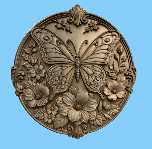 CNC & impression 3D relief papillon avec fleurs, décoration florale pour gravure bois, STL de haute qualité