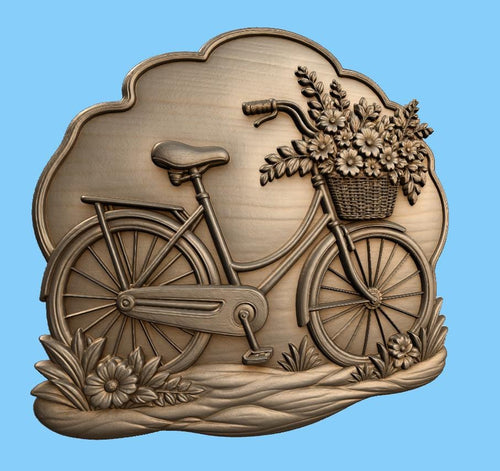 CNC & impression 3D relief vélo avec panier de fleurs, décor cottage floral, fichier STL très haute qualité