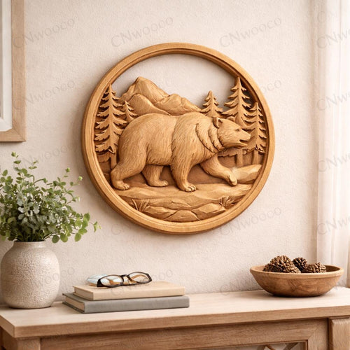 Fichier CNC ours montagne rond, bas-relief bois wildlife, décoration murale nature, sculpture bois, modèle gravure 3D STL