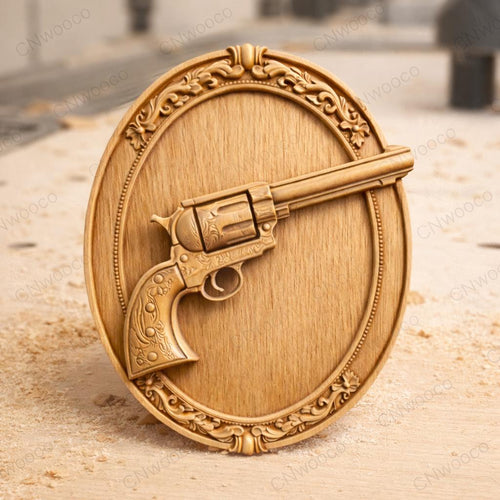 Fichier CNC revolver western vintage, bas-relief bois ovale, décoration murale cowboy, sculpture bois, modèle gravure 3D STL