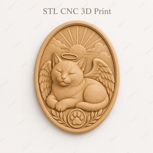CNC & impression 3D chat ange mémorial STL, relief animal de compagnie pour souvenir et sculpture bois
