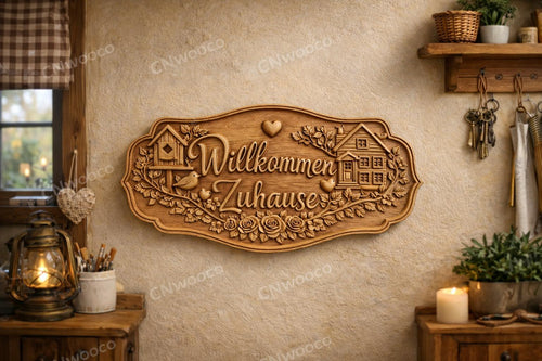 Fichier CNC panneau Bienvenue à la maison – bas-relief bois avec nichoir et cottage pour sculpture CNC, décoration murale STL