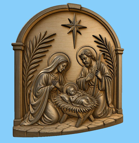 CNC & impression 3D relief Nativité avec Marie, Joseph et Jésus, fichier STL très haute qualité