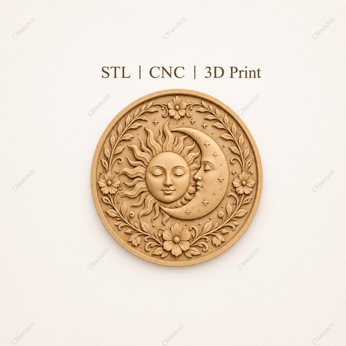 CNC & impression 3D relief soleil et lune céleste avec fleurs, fichier décoratif pour gravure bois, STL de haute qualité