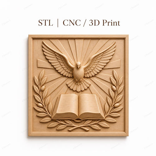 CNC & impression 3D relief colombe Saint-Esprit avec livre ouvert, fichier STL très haute qualité