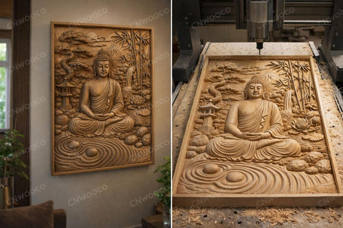 Fichier CNC Bouddha jardin zen – bas-relief temple montagne pour sculpture bois, décoration murale méditation STL