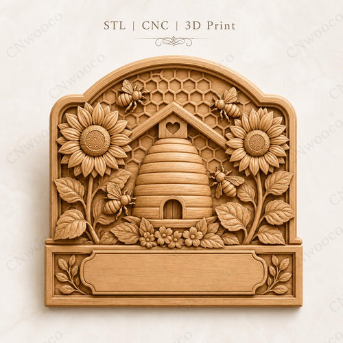 CNC & impression 3D relief ruche avec abeilles et tournesols, plaque beekeeper pour gravure bois, STL de haute qualité, à personnaliser