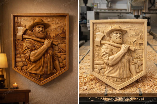 Fichier CNC bûcheron hache, bas-relief bois rustique, décoration murale cabane, sculpture bois, modèle gravure 3D STL