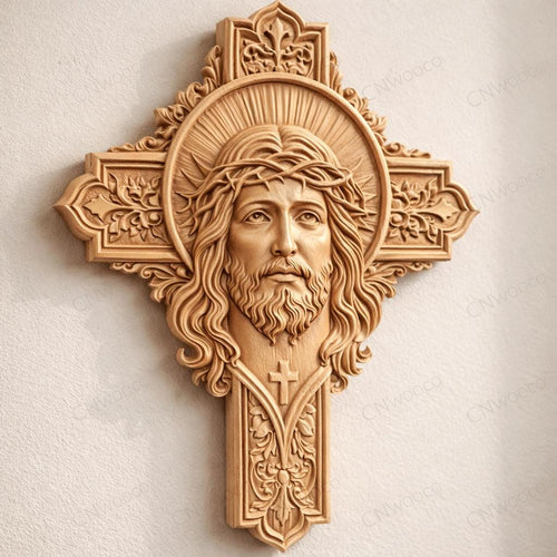 Fichier CNC croix Jésus – bas-relief chrétien pour sculpture bois, décoration murale religieuse STL