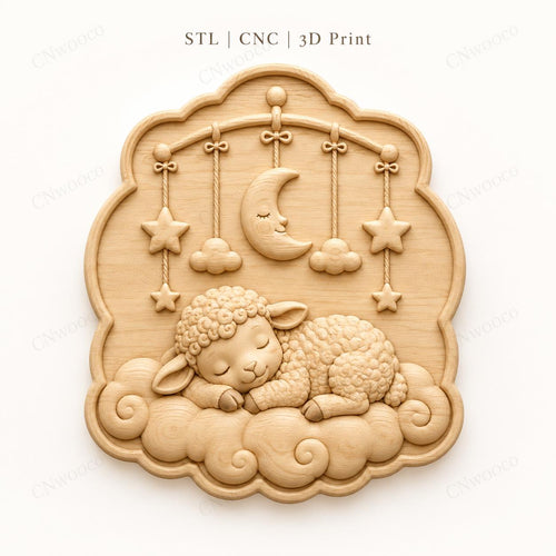 CNC & impression 3D agneau endormi sur nuages avec lune, fichier STL très haute qualité