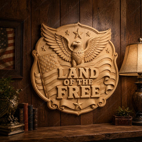 CNC & impression 3D relief patriotique américain Land of the Free avec aigle et drapeau, fichier pour gravure bois, STL de haute qualité