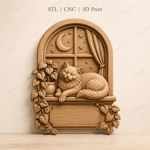 CNC & impression 3D relief chat à la fenêtre, fichier cat lover pour gravure bois, STL de haute qualité, à personnaliser