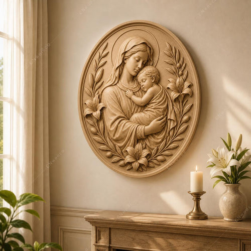 CNC & impression 3D relief Vierge à l’enfant avec lys, fichier STL très haute qualité