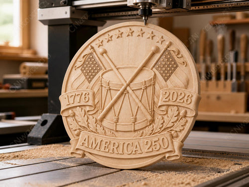 CNC & impression 3D America 250 tambour 1776 2026, relief patriotique USA STL haute qualité pour sculpture bois