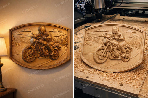 Fichier CNC motard moto roadster, bas-relief bois biker, décoration murale garage, sculpture bois, modèle gravure 3D STL