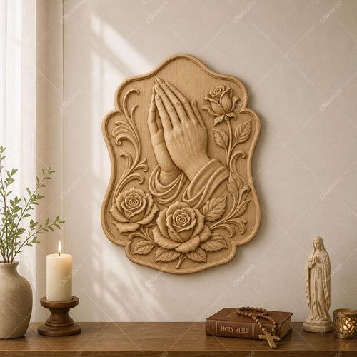 CNC & impression 3D relief mains en prière avec roses, décor religieux, fichier STL très haute qualité