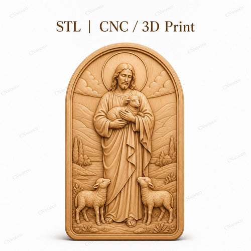 CNC & impression 3D relief Jésus Bon Berger avec agneaux, fichier STL très haute qualité