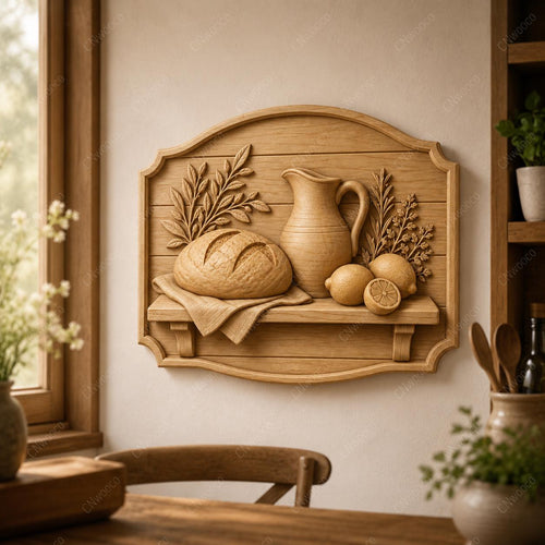 CNC & impression 3D relief cuisine rustique avec pain et cruche, fichier STL très haute qualité