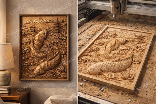 Fichier CNC carpe koi japonaise, bas-relief bois paysage asiatique, décoration murale zen, sculpture bois, modèle gravure 3D STL