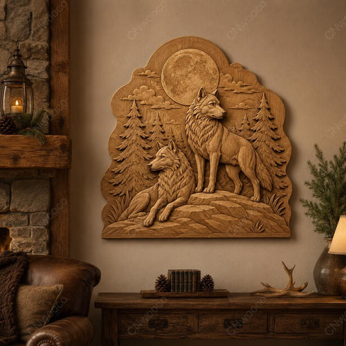 CNC & impression 3D relief loups dans la forêt avec lune, décoration wildlife pour gravure bois, STL de haute qualité