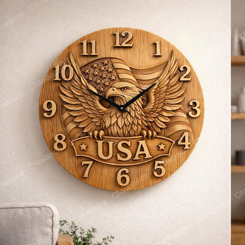 Fichier CNC horloge aigle drapeau USA – bas-relief patriotique pour sculpture bois, décoration murale rustique STL haute qualité
