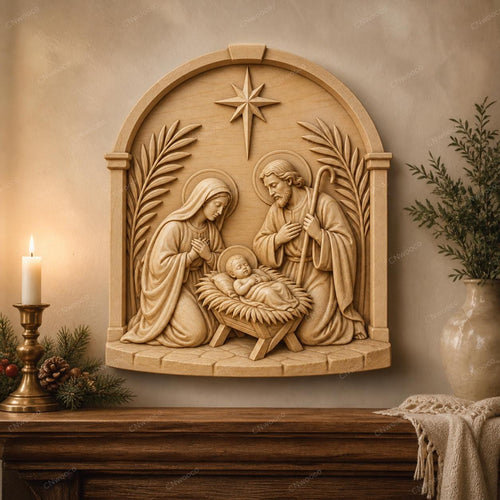 CNC & impression 3D relief Nativité avec Marie, Joseph et Jésus, fichier STL très haute qualité