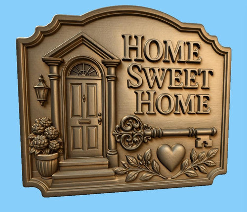 CNC & impression 3D relief Home Sweet Home avec porte et clé, fichier décor maison pour gravure bois, STL de haute qualité