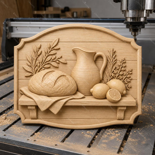 CNC & impression 3D relief cuisine rustique avec pain et cruche, fichier STL très haute qualité
