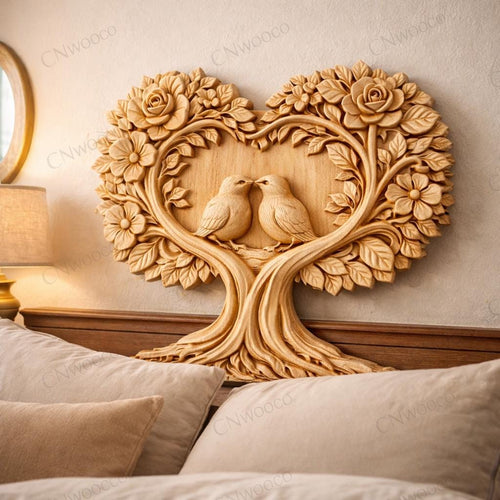 Fichier CNC arbre cœur oiseaux amoureux – bas-relief romantique pour sculpture bois, décoration murale mariage STL