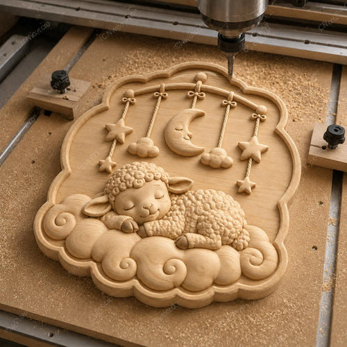CNC & impression 3D agneau endormi sur nuages avec lune, fichier STL très haute qualité