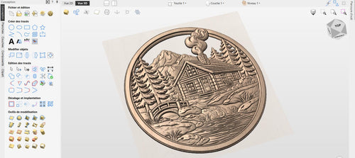 Fichier CNC cabane montagne ronde, bas-relief bois forêt rustique, décoration murale nature, sculpture bois, modèle gravure 3D STL