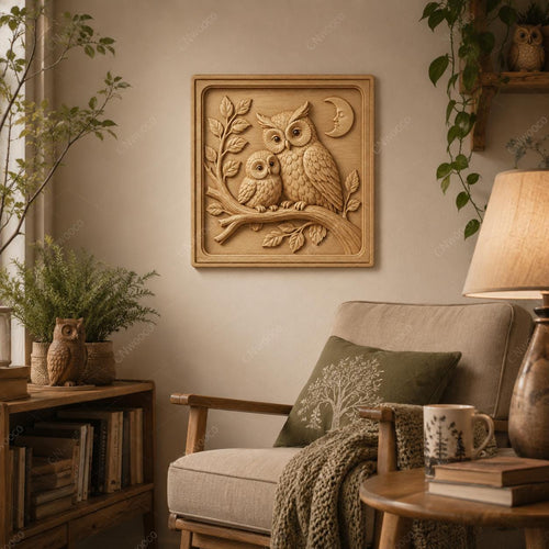 CNC & impression 3D relief hiboux sur branche avec lune, fichier owl decor pour gravure bois, STL de haute qualité