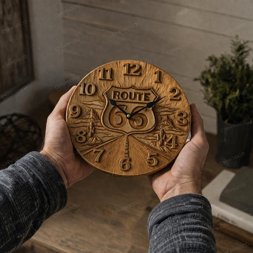 Fichier CNC horloge Route 66 désert vintage – bas-relief pour sculpture bois, décoration murale garage STL