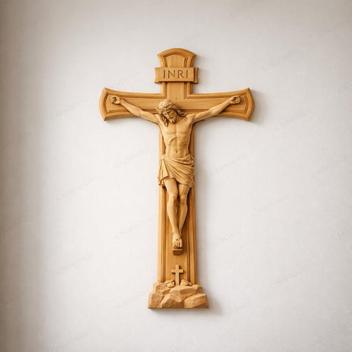 Fichier CNC & impression 3D crucifix Jésus INRI – bas-relief croix chrétienne pour sculpture bois, décoration murale religieuse STL