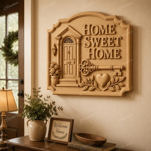 CNC & impression 3D relief Home Sweet Home avec porte et clé, fichier décor maison pour gravure bois, STL de haute qualité