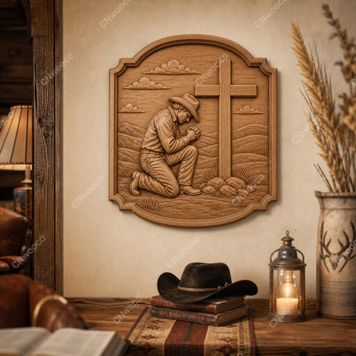 CNC & impression 3D relief cowboy priant devant la croix, décor western chrétien, fichier STL très haute qualité
