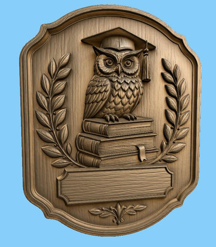 CNC & impression 3D relief hibou diplômé sur livres, plaque école graduation pour gravure bois, STL de haute qualité, à personnaliser
