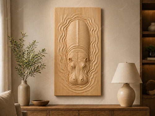 Fichier CNC hippopotame – bas-relief animal sauvage pour sculpture bois, décoration murale faune de rivière, STL