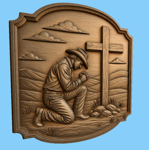 CNC & impression 3D relief cowboy priant devant la croix, décor western chrétien, fichier STL très haute qualité