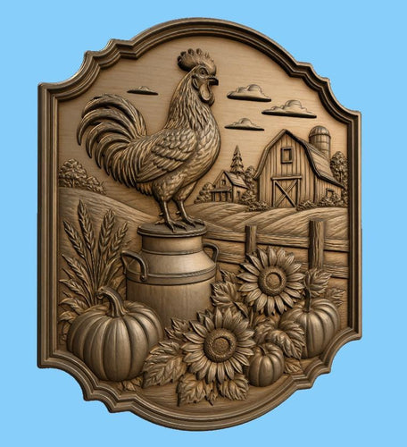 CNC & impression 3D relief coq de ferme avec grange et tournesols, fichier STL très haute qualité
