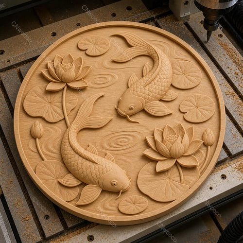 CNC & impression 3D relief poissons koi avec lotus et nénuphars, fichier STL très haute qualité