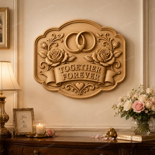 CNC & impression 3D relief mariage Together Forever avec alliances et roses, fichier pour gravure bois, STL de haute qualité