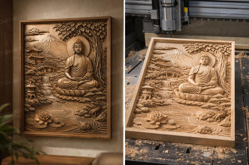 Fichier CNC Bouddha jardin zen – bas-relief temple montagne pour sculpture bois, décoration murale méditation STL