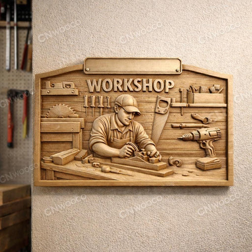 Fichier CNC panneau atelier personnalisé avec nom – bas-relief menuiserie pour sculpture bois, décoration murale STL