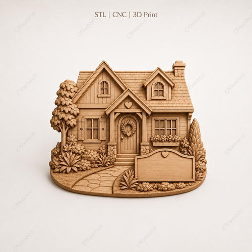 CNC & impression 3D relief maison cottage, fichier home decor pour gravure bois, STL de haute qualité, à personnaliser