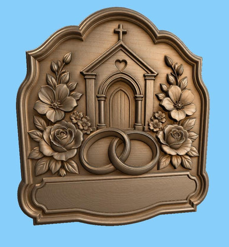 CNC & impression 3D relief mariage avec église et alliances, plaque wedding pour gravure bois, STL de haute qualité, à personnaliser