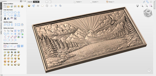 Fichier CNC paysage montagne lac, bas-relief nature bois, décoration murale naturelle, sculpture bois, modèle gravure 3D STL