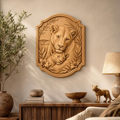 CNC & impression 3D relief lionne et bébé lion, fichier animal wildlife pour gravure bois, STL de haute qualité