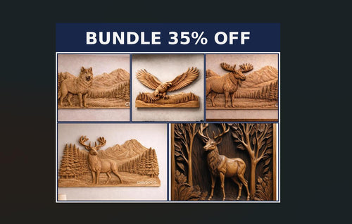 Fichier CNC pack 5 animaux sauvage, loup aigle cerf élan, bas-relief bois rustique, décoration murale, modèle gravure 3D STL