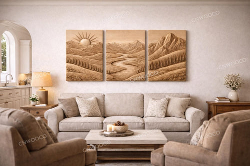 Fichier CNC pack paysages montagne 3 panneaux – bas-reliefs nature pour sculpture bois, décoration murale grand format STL
